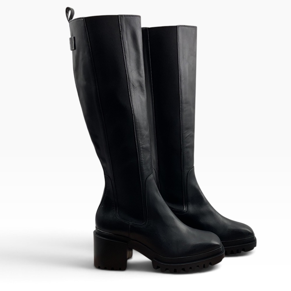AllSaints Natalia Black Leather Square Toe Chunky Lug Sole Knee High Boots 10